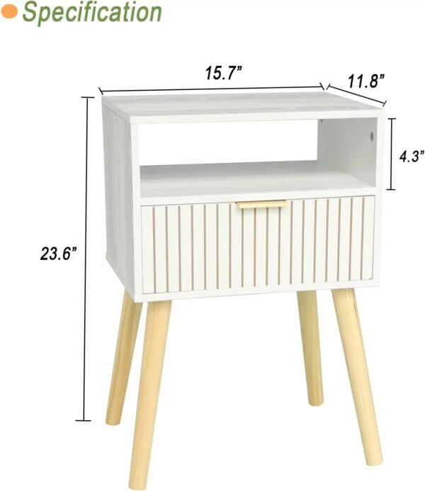 White Nightstand, Mid Century Modern  Small Bedside Table End  for Bedroom with 2-Tier Storage,