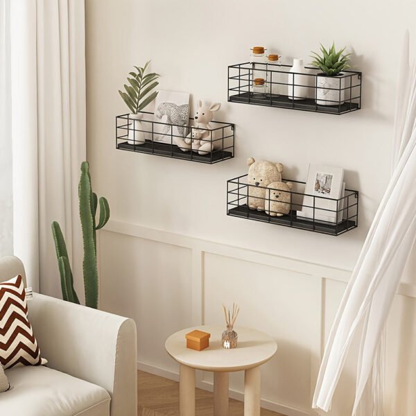 4pcs Floating Shelves, Wall Shelves For Storage, Wall Mounted Hanging Shelves For Living Room Bedroom Bathroom, Wall Decorative Storage Garage Shelf, Saves Space, Classified For Easy Retrieval, Black