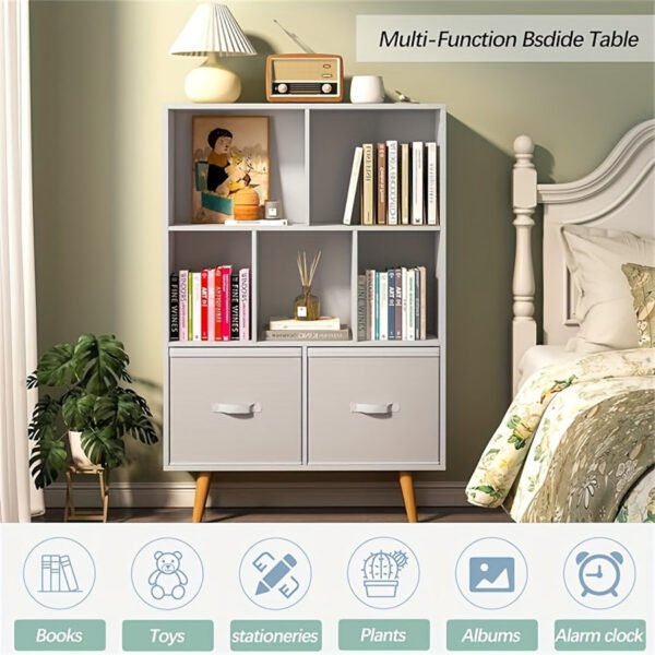 ad13b79b-9b7a-40e6-a520-467c127aae92.jpg 3-level wooden 7-cell bookcase, white minimalism, legged bookcase, open bookcase, nursery children's bookcase and toy storage, freestanding standing cubicle storage rack