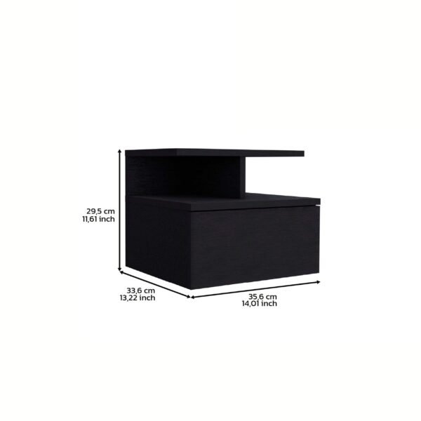 Floating nightstand 12" high with one drawer and 2 shelves on the wall, black