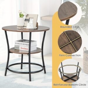 1pc Round 2-Tier End Table With Oak Wooden Surface And Sturdy Metal Frame, Modern Sofa Side Table, 21.5" Diameter Nightstand, Ideal For Living Room & Bedroom Storage, Home Decor