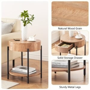 Nature Wood Color Round End Table, 2-Tier Side Table with Drawer 19.69"D x 19.69" W x 21.46" H