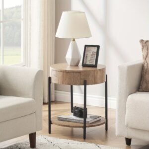 Nature Wood Color Round End Table, 2-Tier Side Table with Drawer 19.69"D x 19.69" W x 21.46" H