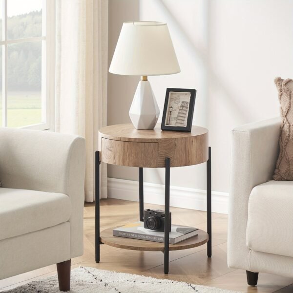 Nature Wood Color Round End Table, 2-Tier Side Table with Drawer 19.69"D x 19.69" W x 21.46" H