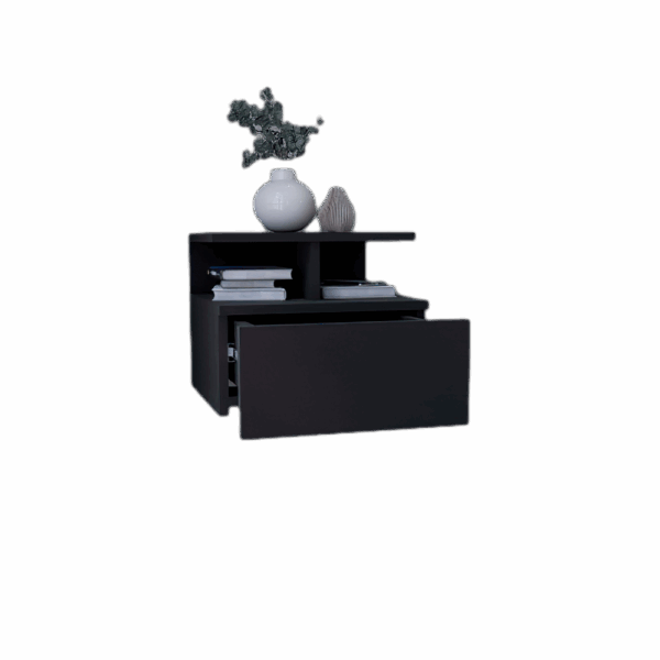 Floating nightstand 12" high with one drawer and 2 shelves on the wall, black
