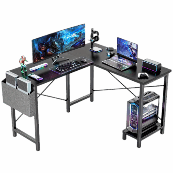 L Shaped Computer Desk - Gaming Table Corner Desk 50 Inch PC Writing Black Desk Study Desks with Wooden Desktop CPU Stand Side Bag Reversible for Home Office Dorm Small Space