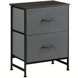 Wooden Nightstand with Spacious 2-Drawer Storage - Compact & Stylish Mini Dresser for Kids Rooms, Bedrooms, Closets & More - Sturdy Wooden Top, Soft Fabric Bins