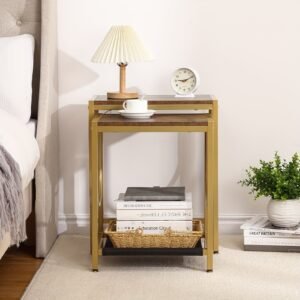 c5a2cd05-5346-42bd-9711-7ee694a7e943-1.jpg End Table Set of 2 with Gold Metal Frame Small Side Table for Living Room Bedroom Bedside Sofa Table for Small Space Small End Table Easy Assemble Gold