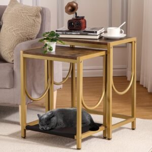 d869544f-9f96-4df2-b8fd-aa44b2fd90fb-1.jpg End Table Set of 2 with Gold Metal Frame Small Side Table for Living Room Bedroom Bedside Sofa Table for Small Space Small End Table Easy Assemble Gold