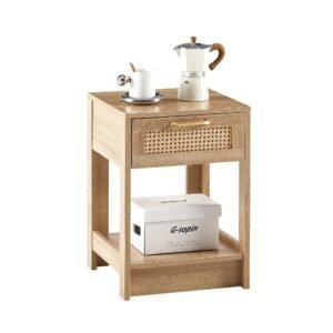 de7def8f-9dca-4d16-8b9b-f5b832a5da23-1.jpg 1pc 15.75" Rattan End Table With Drawer, Modern Nightstand, Side Table For Living Room, Bedroom, Natural