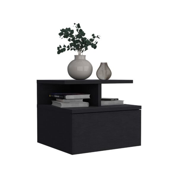 Floating nightstand 12" high with one drawer and 2 shelves on the wall, black