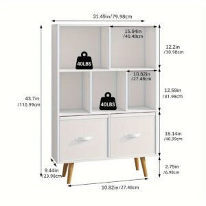 e9d79412-2092-47ae-ac7a-ec97e953f612.jpg 3-level wooden 7-cell bookcase, white minimalism, legged bookcase, open bookcase, nursery children's bookcase and toy storage, freestanding standing cubicle storage rack