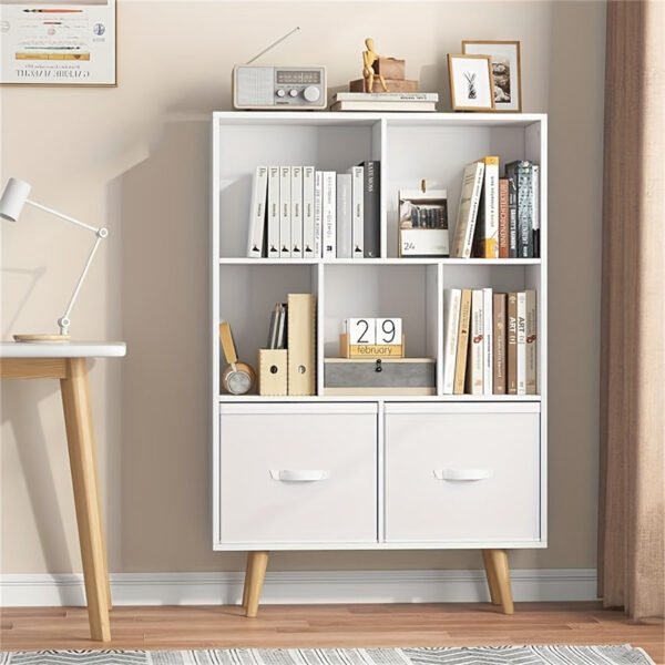 eaa70ee9-f895-4510-8996-351187b1e9a3.jpg 3-level wooden 7-cell bookcase, white minimalism, legged bookcase, open bookcase, nursery children's bookcase and toy storage, freestanding standing cubicle storage rack