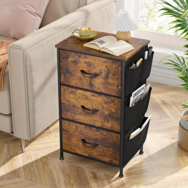 Nightstand Set of 2, Night Stand with 3 Drawers for Bedroom, Bedside Table with Wooden Top, Sturdy Steel Frame End Table, Small Dresser for Bedroom, Living Room, Rustic Brown