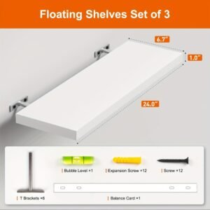 Floating Shelves for Wall, White Wood Wall Shelf Set of 3, 24" Wall Mounted Floating Shelf for Kitchen, Living Room, Bedroom, Bathroom Storage, Book Shelf for Wall Home Decor, Frame Display