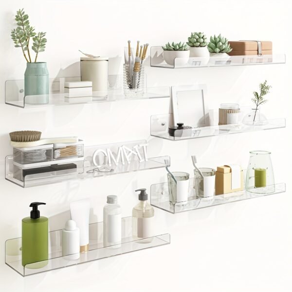 6 Acrylic Shelves, Floating Wall-mounted Shelves, Transparent Display Racks, Invisible Bookshelves, Bathroom Storage Wall Decorations, Space-saving, Easy To Pick Up And Assemble, Simple, Sturdy, Durable 15x3.9 Inches