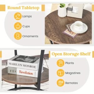 1pc Round 2-Tier End Table With Oak Wooden Surface And Sturdy Metal Frame, Modern Sofa Side Table, 21.5" Diameter Nightstand, Ideal For Living Room & Bedroom Storage, Home Decor