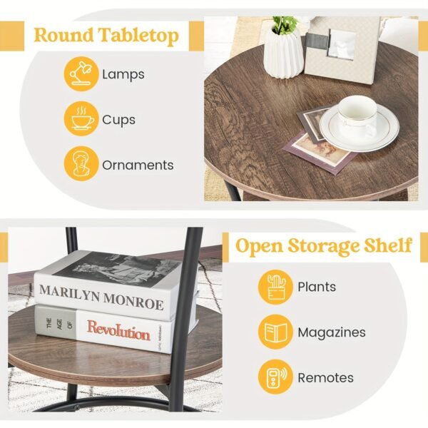 1pc Round 2-Tier End Table With Oak Wooden Surface And Sturdy Metal Frame, Modern Sofa Side Table, 21.5" Diameter Nightstand, Ideal For Living Room & Bedroom Storage, Home Decor