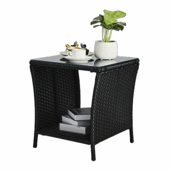 mmiim-scale-2x.png "A black four-line rattan double-layered side table with glass top, suitable for small living rooms in households