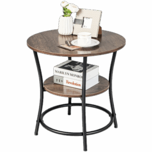 1pc Round 2-Tier End Table With Oak Wooden Surface And Sturdy Metal Frame, Modern Sofa Side Table, 21.5" Diameter Nightstand, Ideal For Living Room & Bedroom Storage, Home Decor