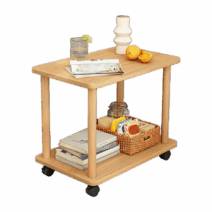 table__-3-scale-2x.png Sturdy Rolling Wooden Side Table with Smooth Wheels - No Leg Design, 2-Tier Storage for Small Spaces - Perfect as Sofa End, Couch, Nightstand or Bedside Table - Modern, Space-Saving Solution for Living Room & Bedroom