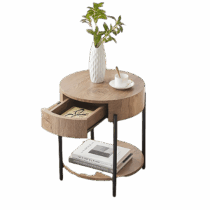 table__-5-scale-2x.png Nature Wood Color Round End Table, 2-Tier Side Table with Drawer 19.69"D x 19.69" W x 21.46" H