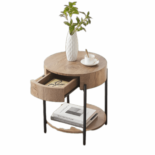 Nature Wood Color Round End Table, 2-Tier Side Table with Drawer 19.69"D x 19.69" W x 21.46" H