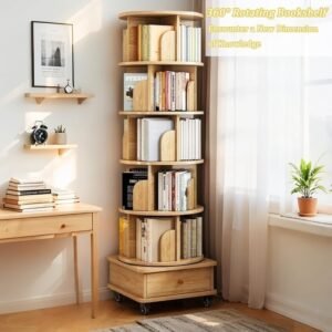 619-13tB_eL._AC 6 Tier Rotating Bookshelf, 360° Display Round Spinning Bookshelf with Wheels and Drawer, Space-Saving, Small Space Rotating Book Shelf Tower for Bedroom, Living Room, Home, Office, Wood Color