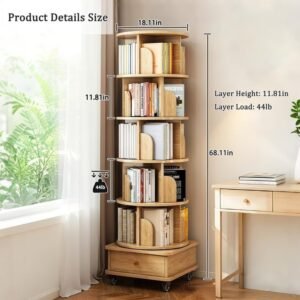 61Xm4MIHFDL._AC 6 Tier Rotating Bookshelf, 360° Display Round Spinning Bookshelf with Wheels and Drawer, Space-Saving, Small Space Rotating Book Shelf Tower for Bedroom, Living Room, Home, Office, Wood Color