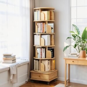 61z5hgb2yyL._AC 6 Tier Rotating Bookshelf, 360° Display Round Spinning Bookshelf with Wheels and Drawer, Space-Saving, Small Space Rotating Book Shelf Tower for Bedroom, Living Room, Home, Office, Wood Color