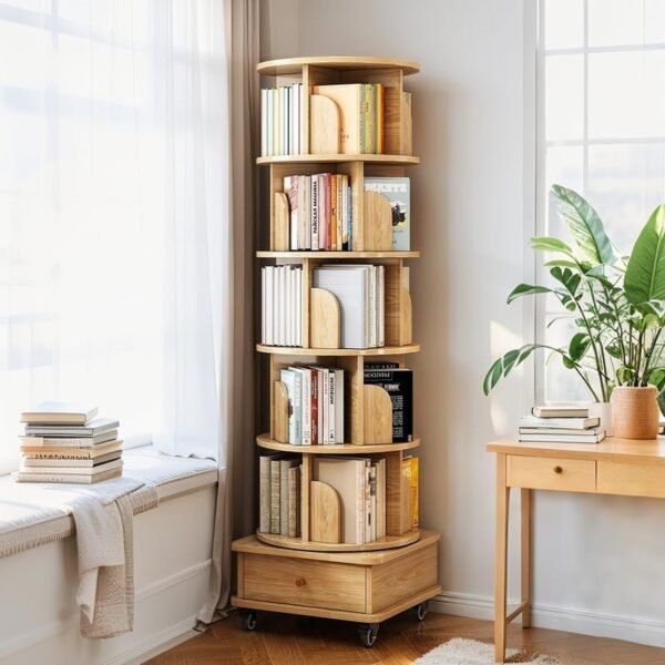 61z5hgb2yyL._AC 6 Tier Rotating Bookshelf, 360° Display Round Spinning Bookshelf with Wheels and Drawer, Space-Saving, Small Space Rotating Book Shelf Tower for Bedroom, Living Room, Home, Office, Wood Color