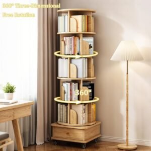 61zuIbnq_HL._AC 6 Tier Rotating Bookshelf, 360° Display Round Spinning Bookshelf with Wheels and Drawer, Space-Saving, Small Space Rotating Book Shelf Tower for Bedroom, Living Room, Home, Office, Wood Color